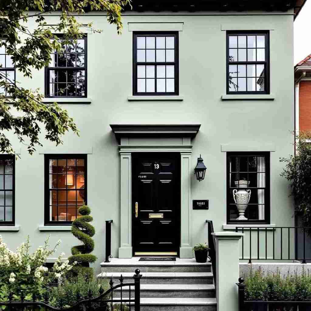 A sage green house with black trim and glass widows 