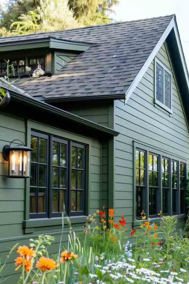 A sage green house with black widows and lights on the wall 