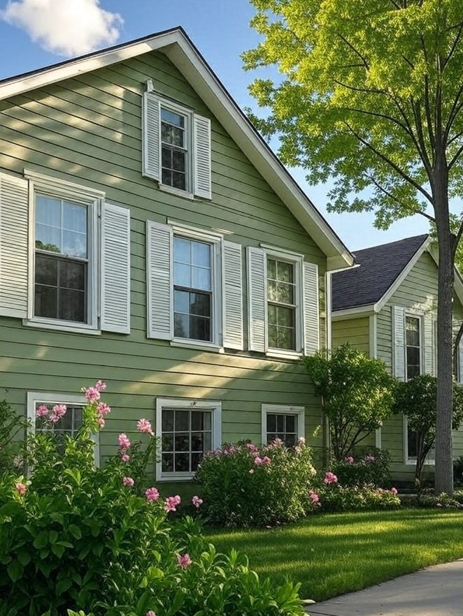 A sage green house with white shutter and glass windows