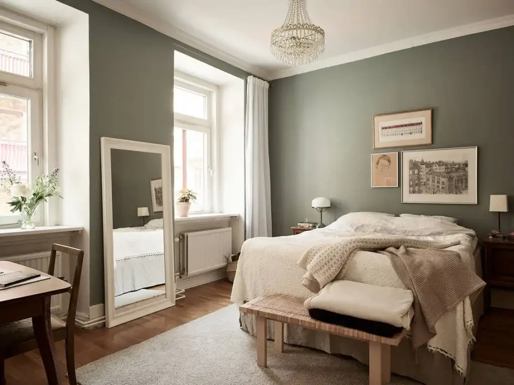 A sage green bedroom with white trim and white windows with curtains