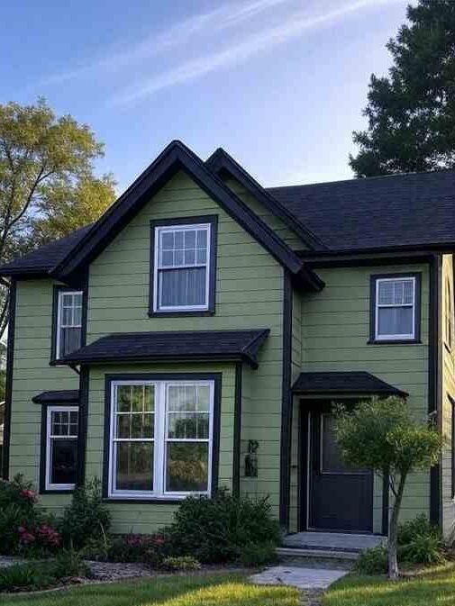 A sage green house with black trim and white windows and black door and garden outside of the house 