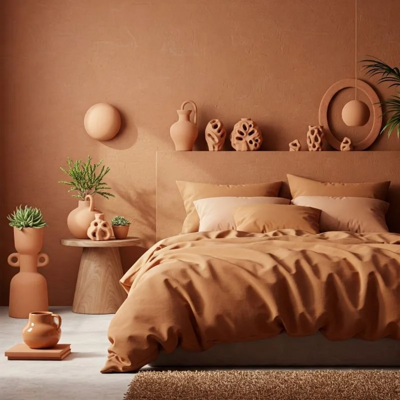 A bedroom with terracotta showpieces and wooden floor