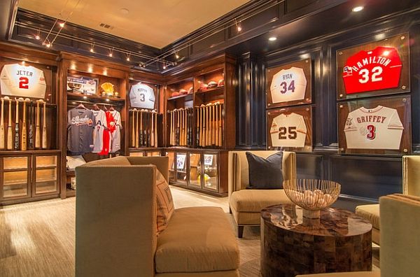 A living room with sports collections showcase and chair and wooden table and celling 