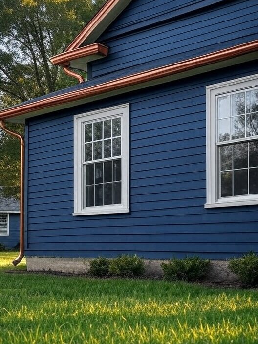 A navy blue house with white trim windows and copper gutters