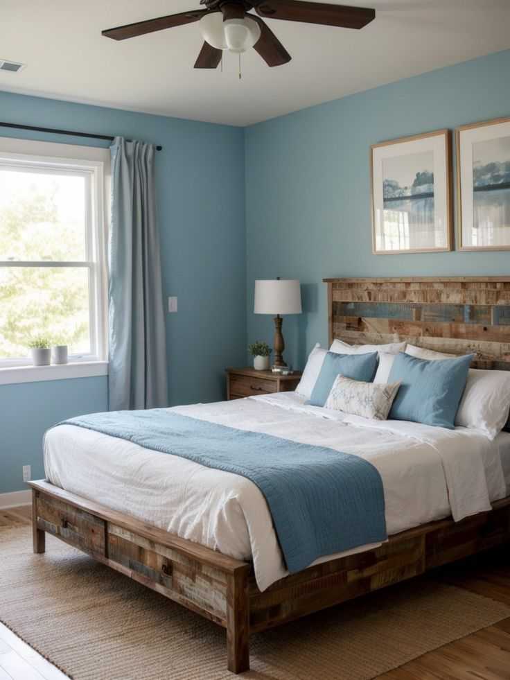 A bedroom with wooden bed and windows with curtains and nightstand with lamp on it 