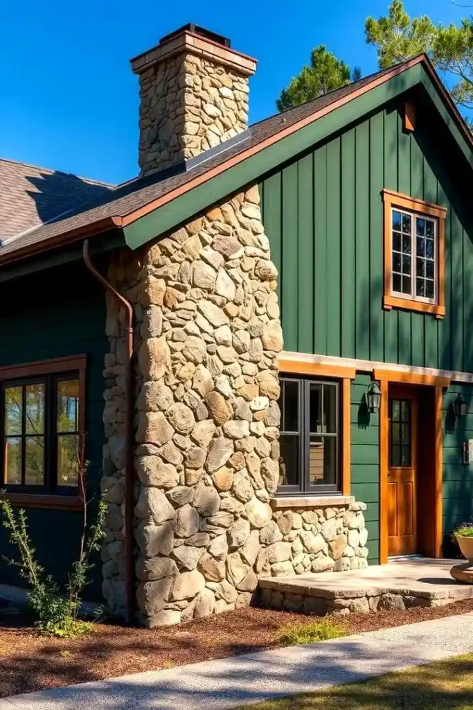 A green house with stone accent and wooden door 
