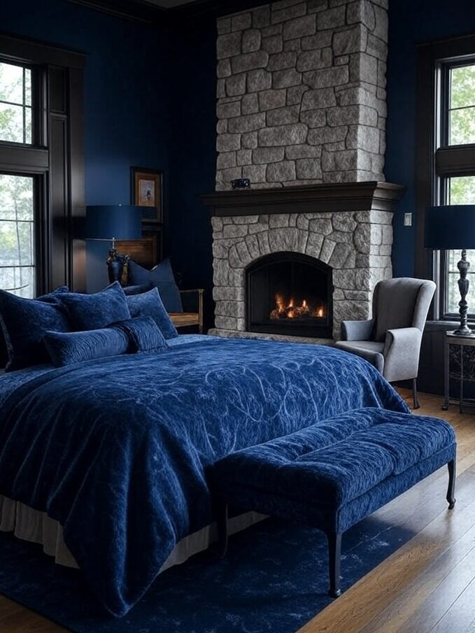 A navy blue bedroom with stone fireplace and windows