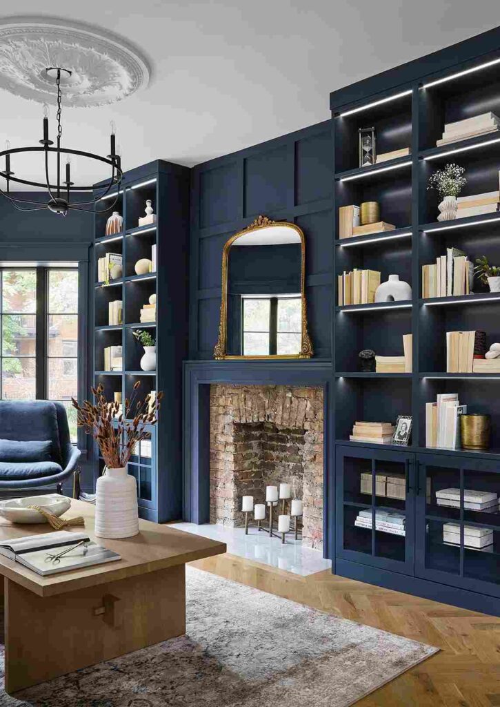 A navy blue living room with stone fireplace and wooden floor 