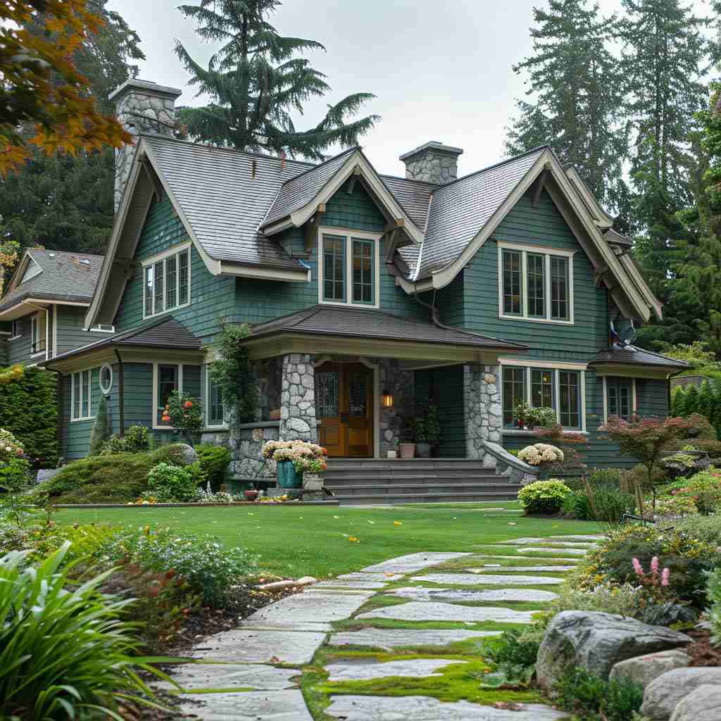 A green house with stone pathway and white trim  