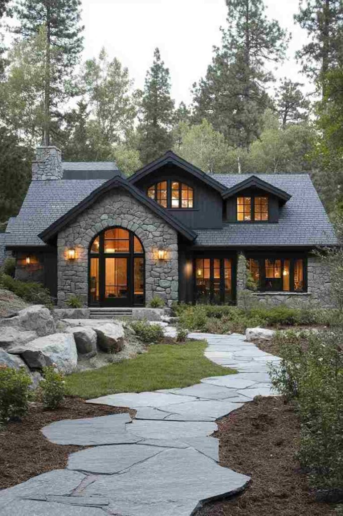 A grey and black house with warm light and stone pathway and black glass windows  