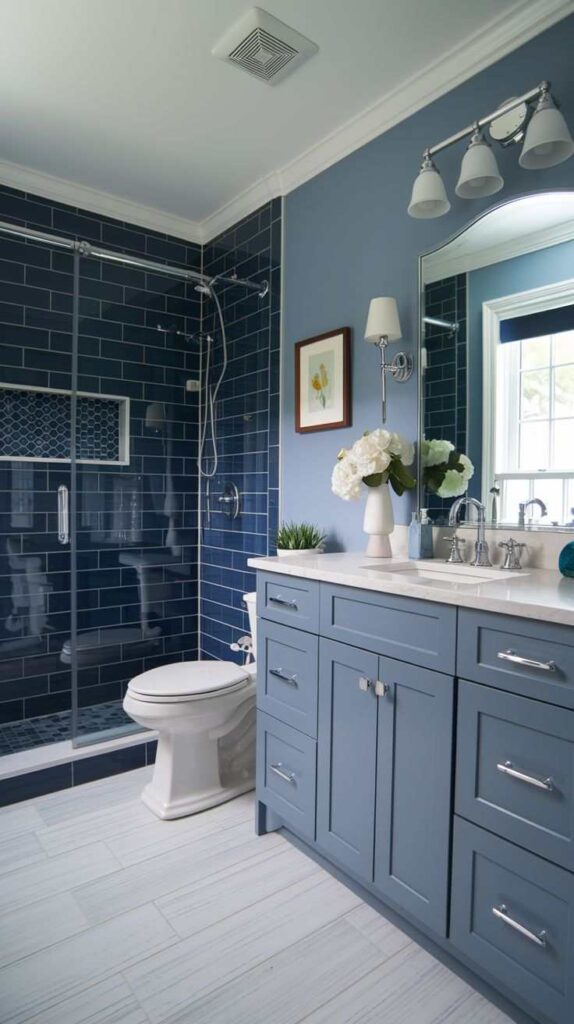 A navy bathroom with blue vanity and wooden floor and mirror on the floor 