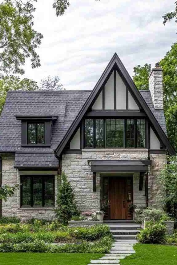 A light grey house with tudor style and black windows and wooden front door