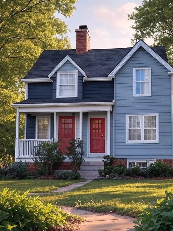 A navy and light blue house with white trim and red door