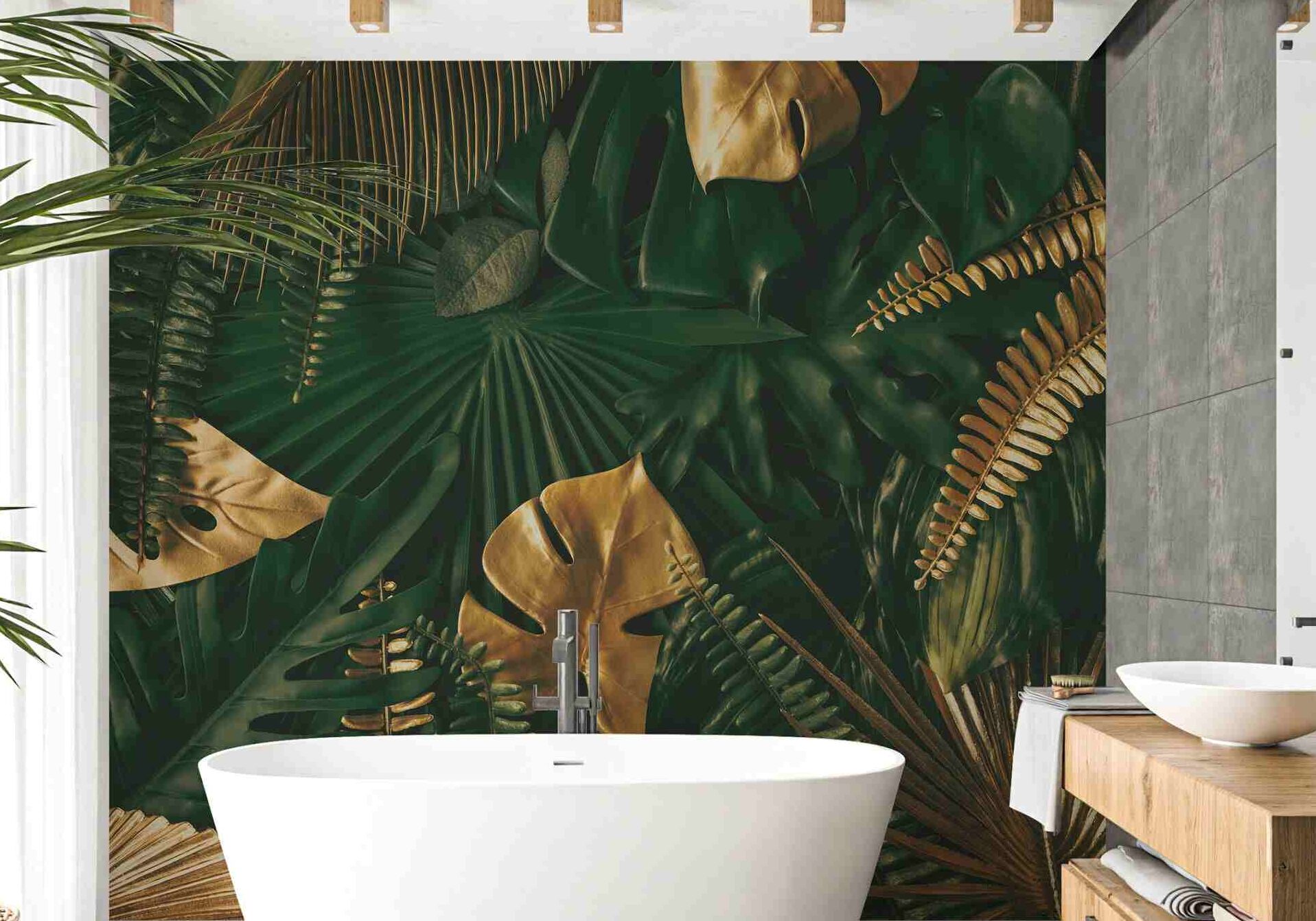A green and gold wallpaper in bathroom with white bathtub