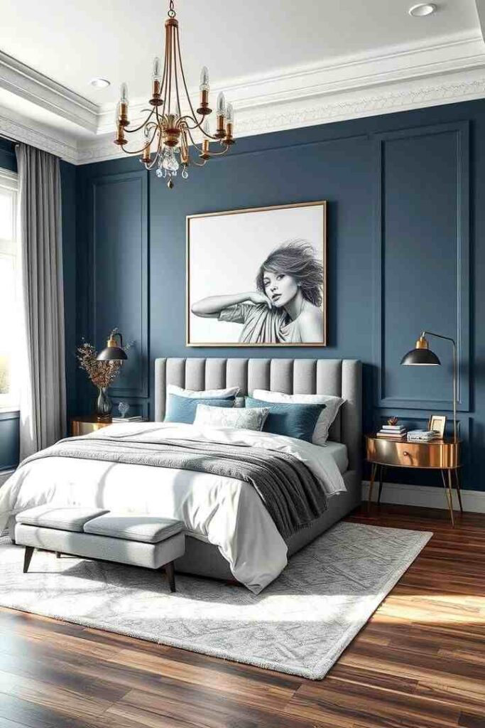 A navy blue bedroom and grey bedding wooden floor and rug on it