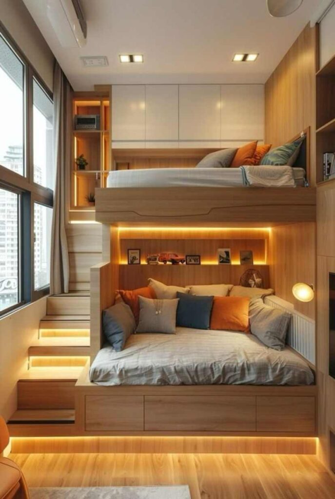 A wooden loft bed with light strip and wooden floor 
