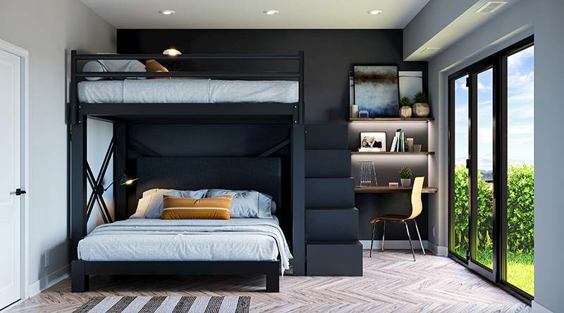 A black bed with windows and floor and study table 