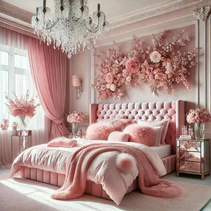 A pink bedroom with wall on the wall and pink throw on the bed