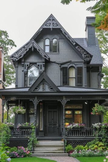 A black and grey victorian-style house with black windows and black door 