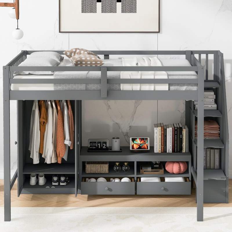 A Walk-in closet with loft bed and drawer 