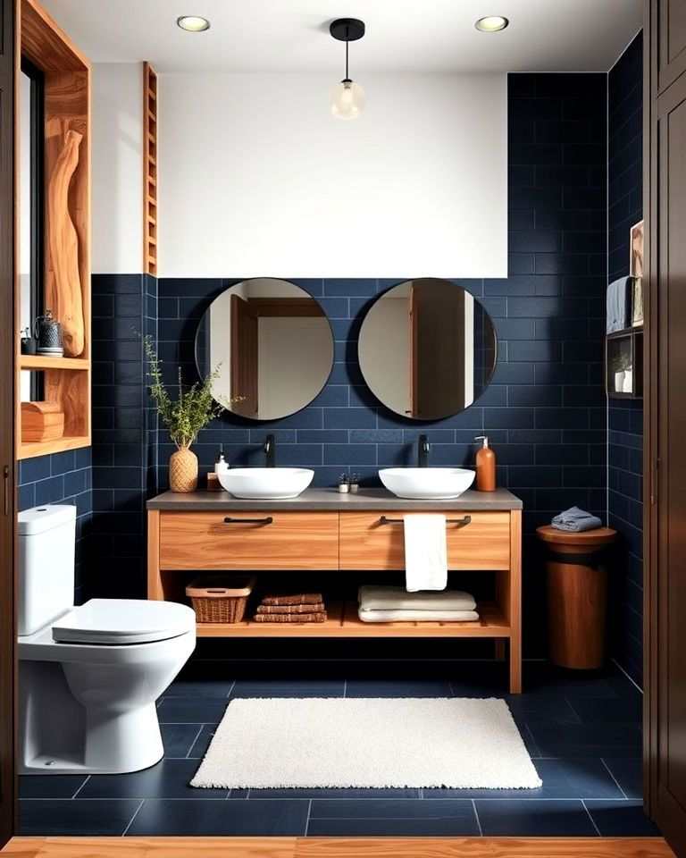A navy blue bathroom with mounted walls and mirror on the wall 