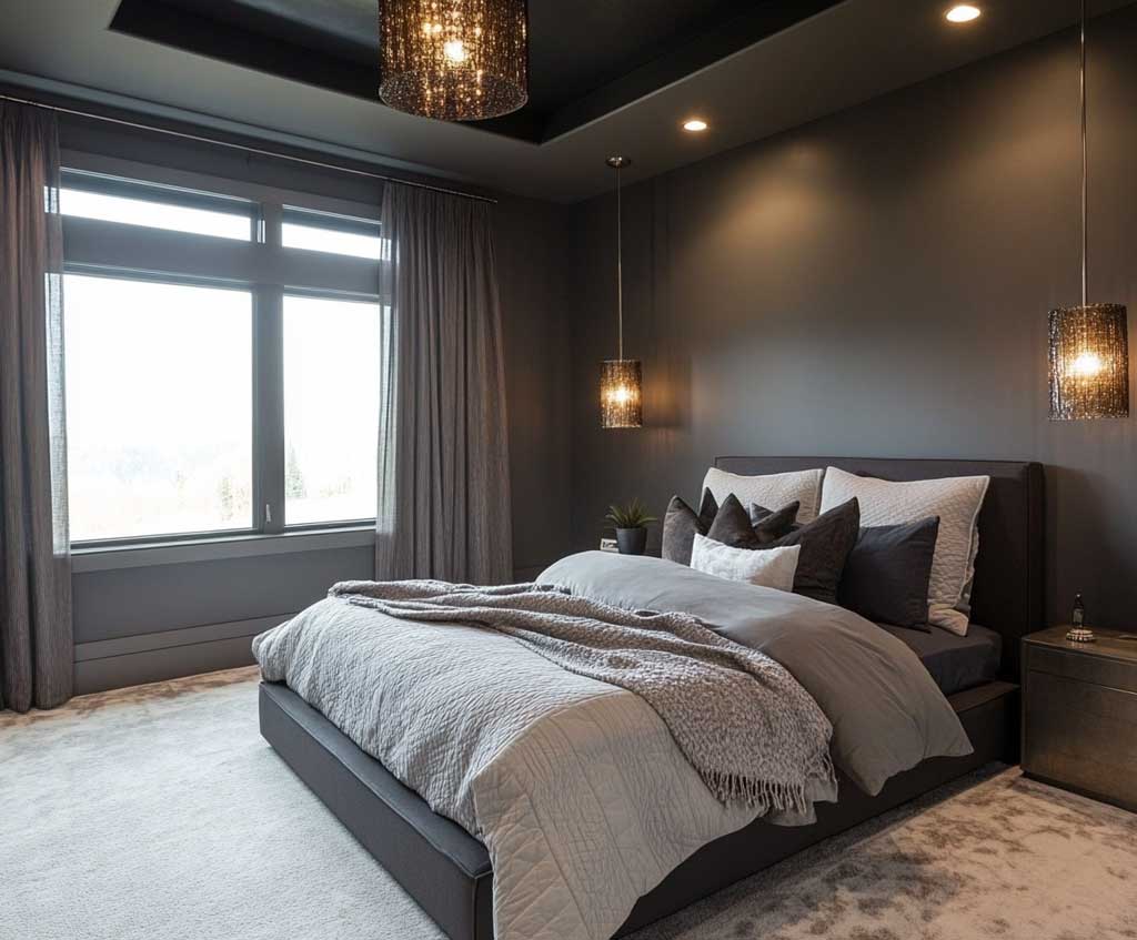 A grey bedroom with lights above the wall and windows with curtains 