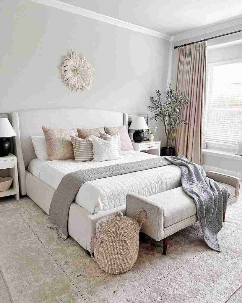 A white bedding with beige cushion and curtains