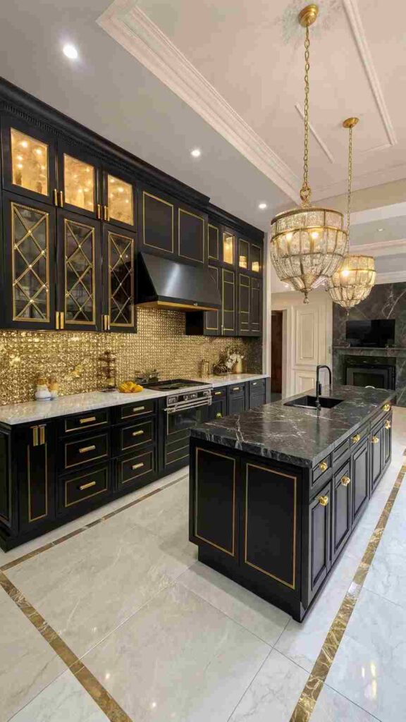 A black and gold kitchen with white floor 