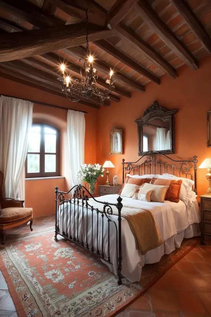 A terracotta bedroom with black iron bed and mirror on the wall