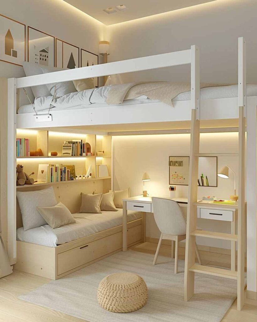 A white loft bed with beige accents and study table and shelves 