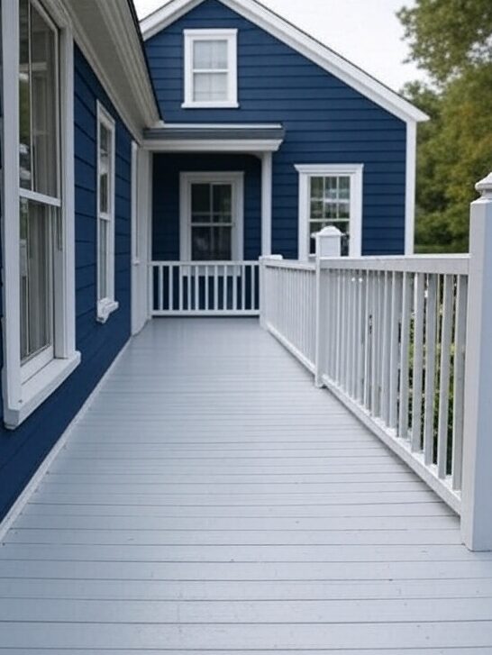 A blue house with white trim and porch