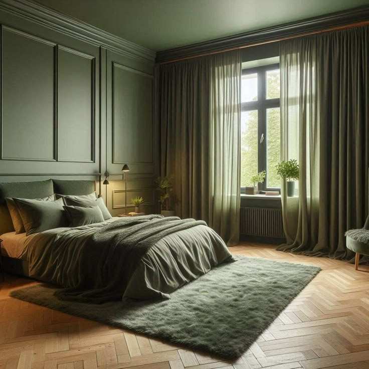 A olive bedroom with wooden floor and windows and pillow and blanket  