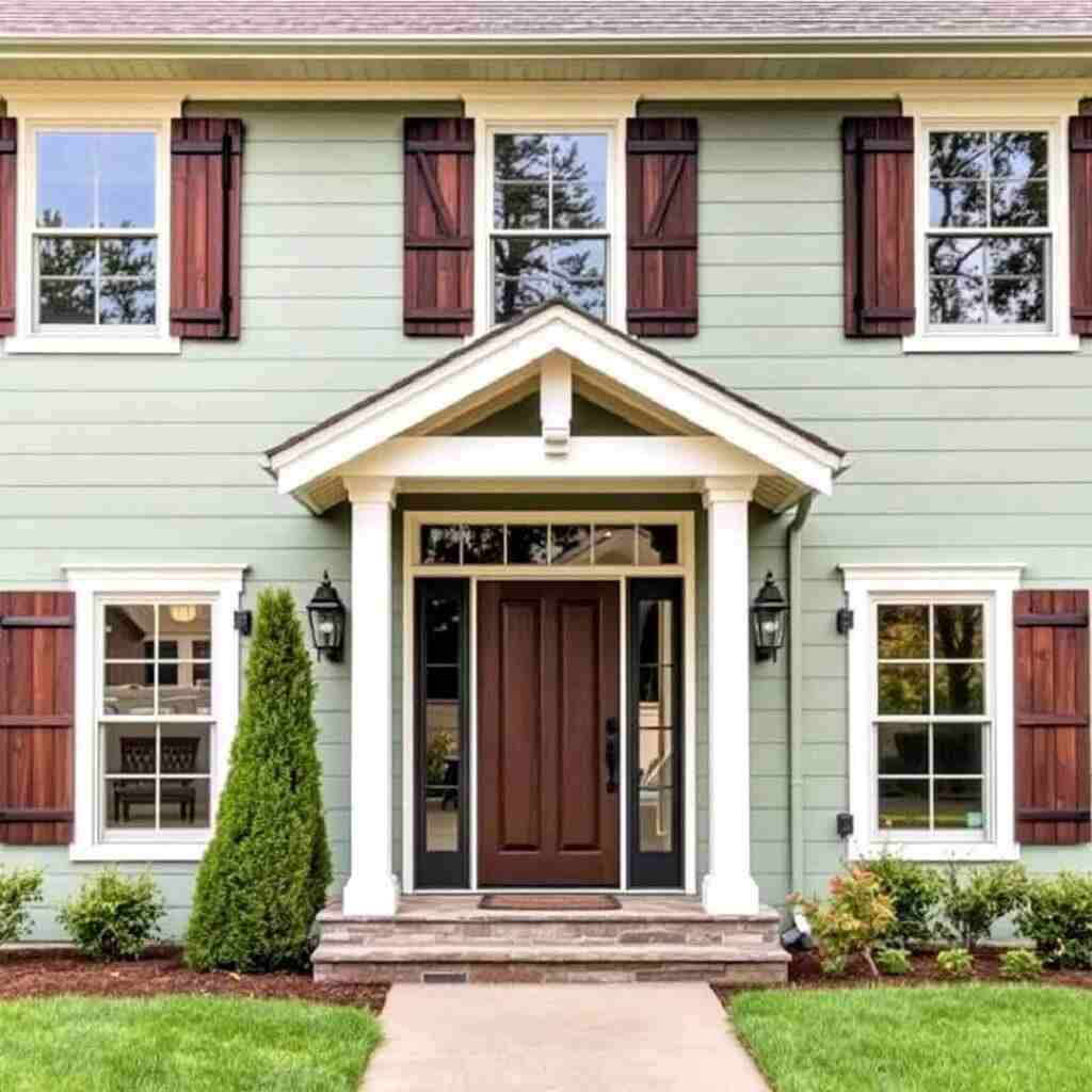 A sage green house with wooden door and shutter and garden outside of the house 