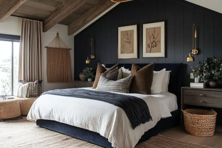 A navy blue bedroom with wooden beams and wooden floor and woven basket
