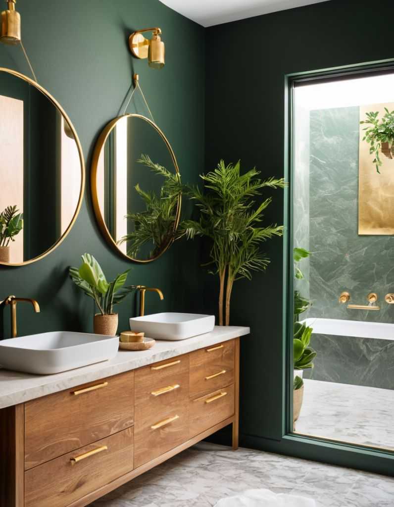 A green bathroom with wooden vanity and mirror on the wall