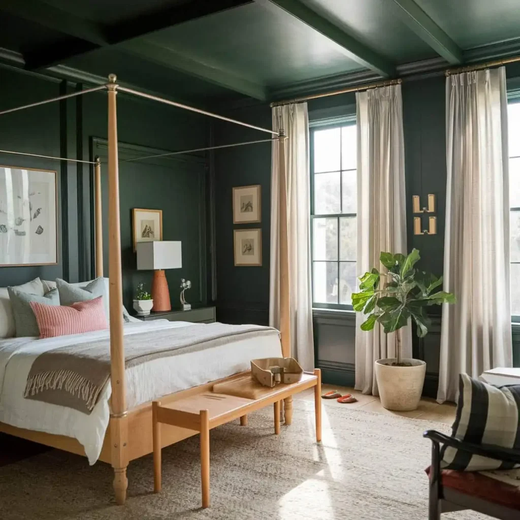 A Wooden canopy in green bedroom with window and curtain ad plant in bedroom 