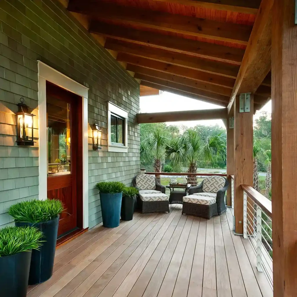 A green house with wooden deck and wooden door 