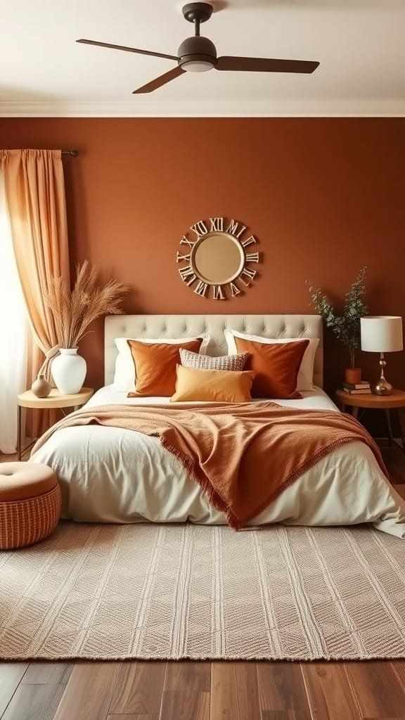 A terracotta bedroom with wooden floor and mirror on the wall and vase on the nightstand