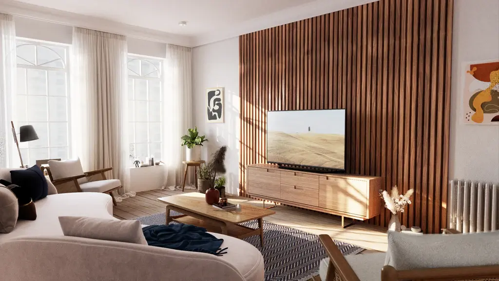 A living room with wooden panel wall and tv on wooden deck and windows with curtain 