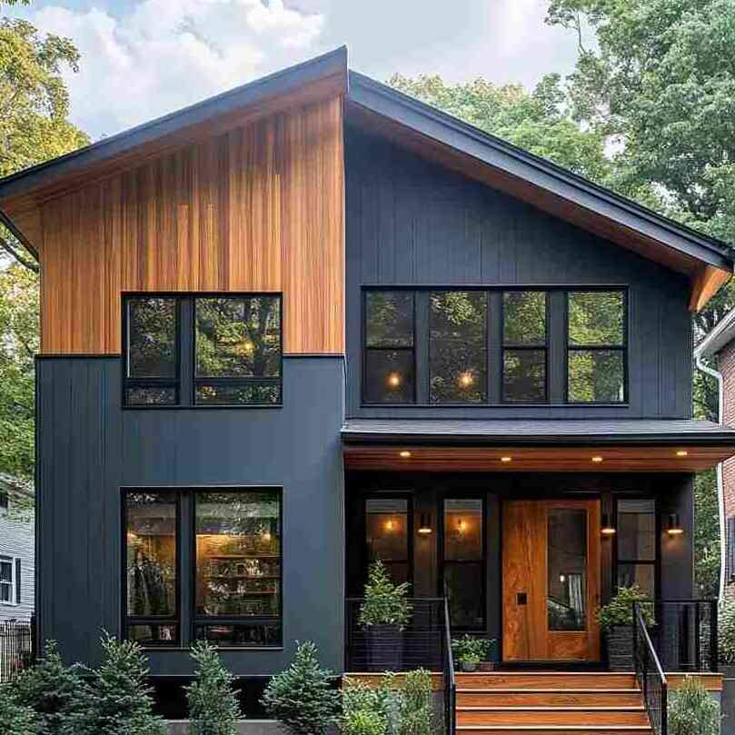 A blue house with wooden accents and wooden door and celling lights