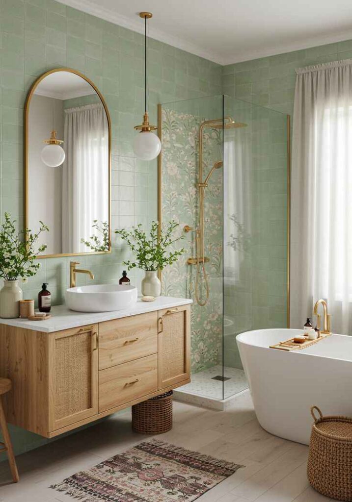 A sage green bathroom with wooden vanity and mirror on the wall 
