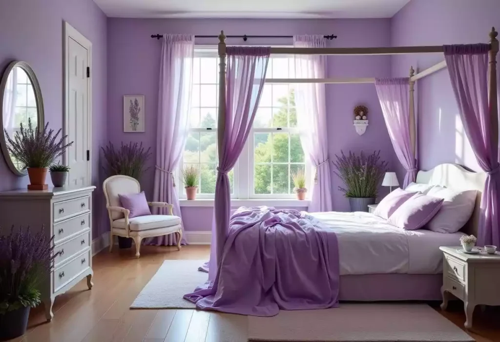 A  lavender bedroom with windows and lavender curtain and wooden floor 