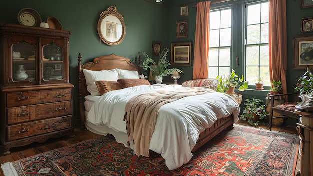 A green bedroom with antique furniture and windows and rug on the floor 