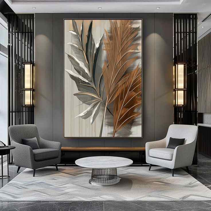 A grey living room with artistic wall art and rug on the floor 