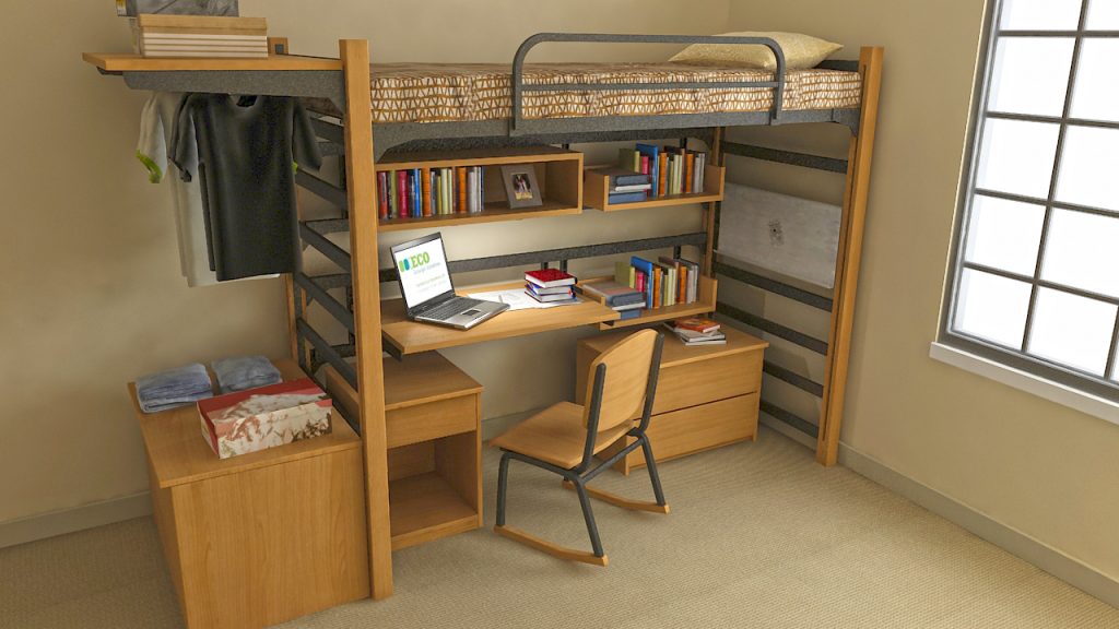 A wooden loft bed with study table and windows 