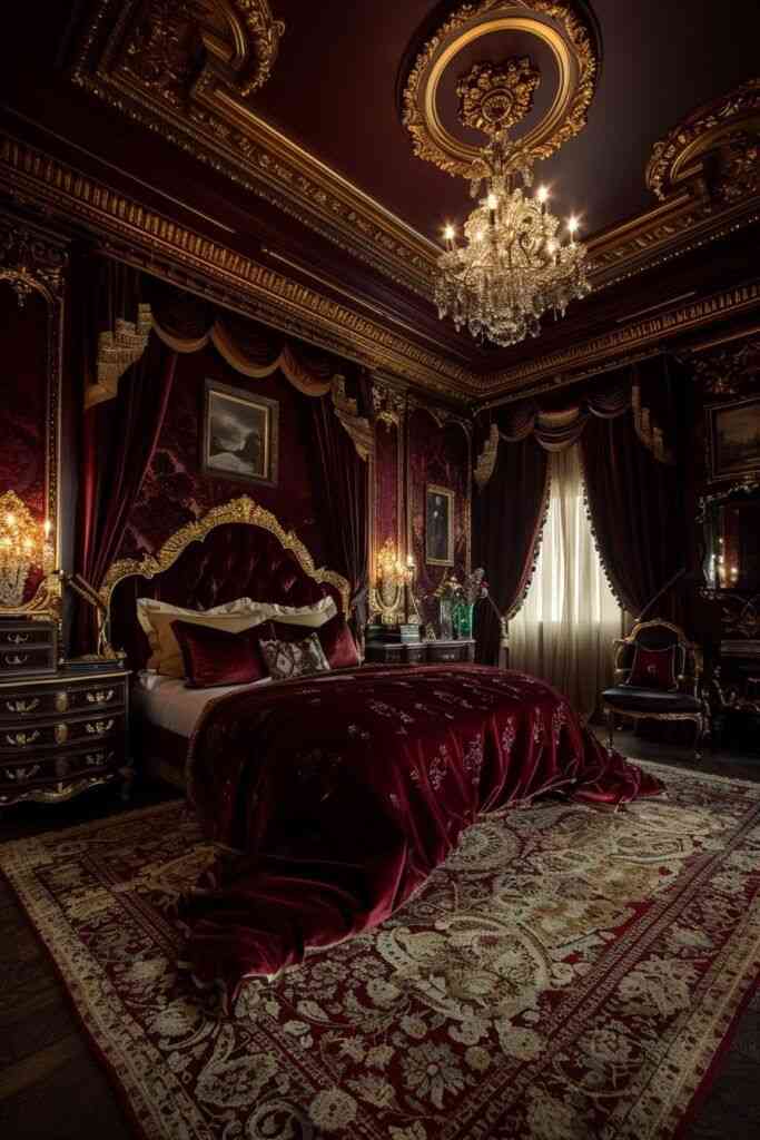 A gothic in velvet bedding in rug on the floor floor