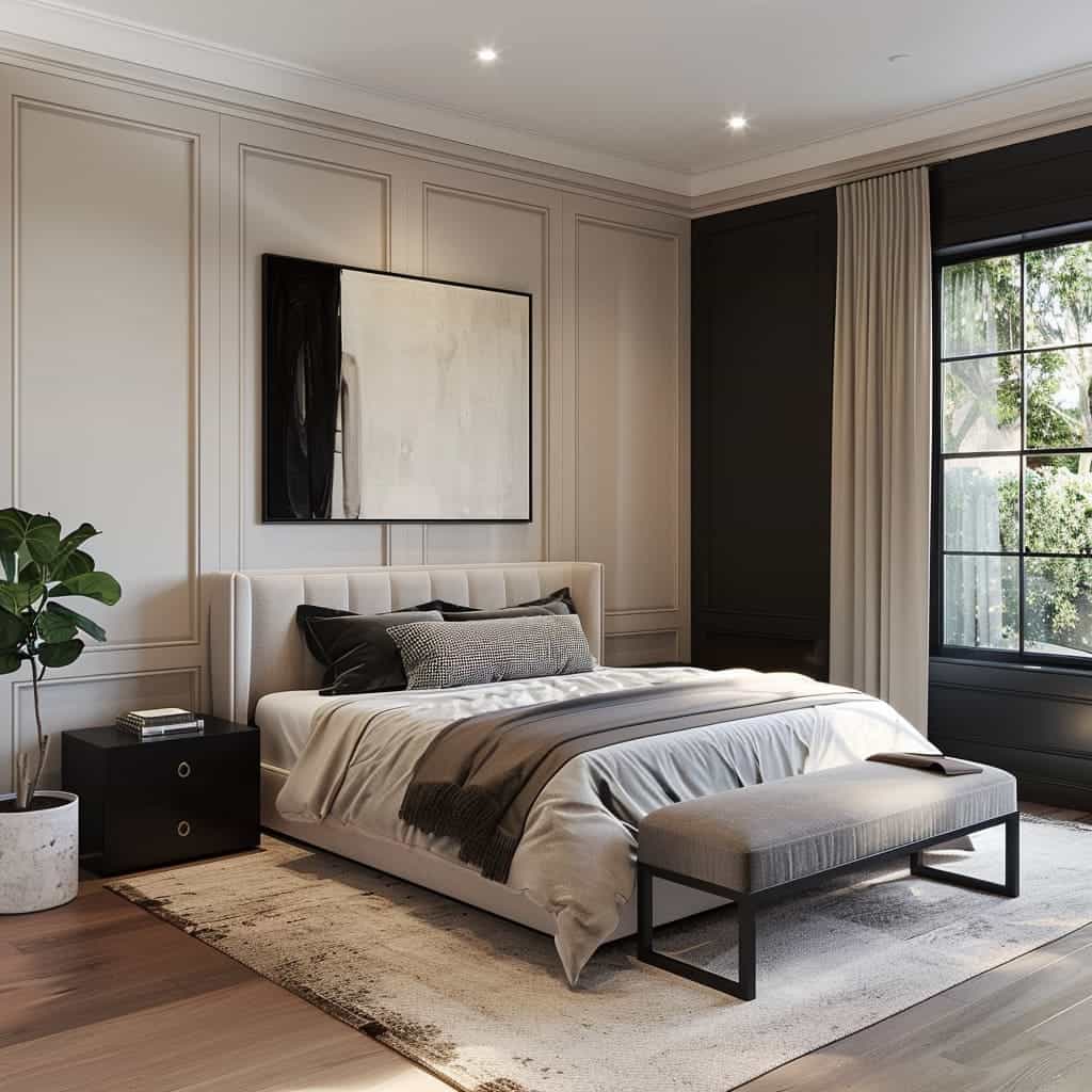 A beige bedroom with bed and black framed glass windows and floor and rug on it 