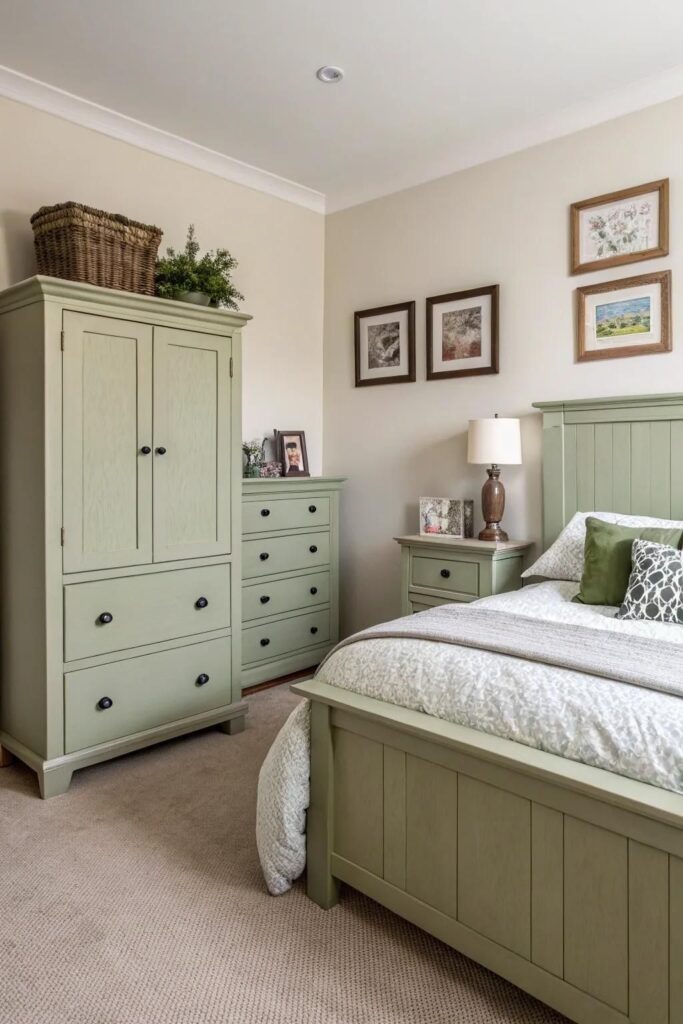 A beige bedroom with Sage green wardrobe and frames on the wall 