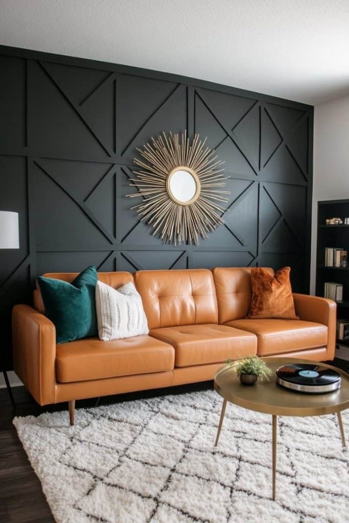 Black accents wall with terracotta sofa and cushion and rug on the floor 