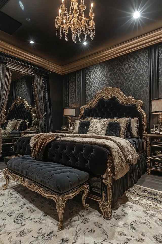 A black and gold gothic bedroom and mirror on the side and lamp on the nightstand